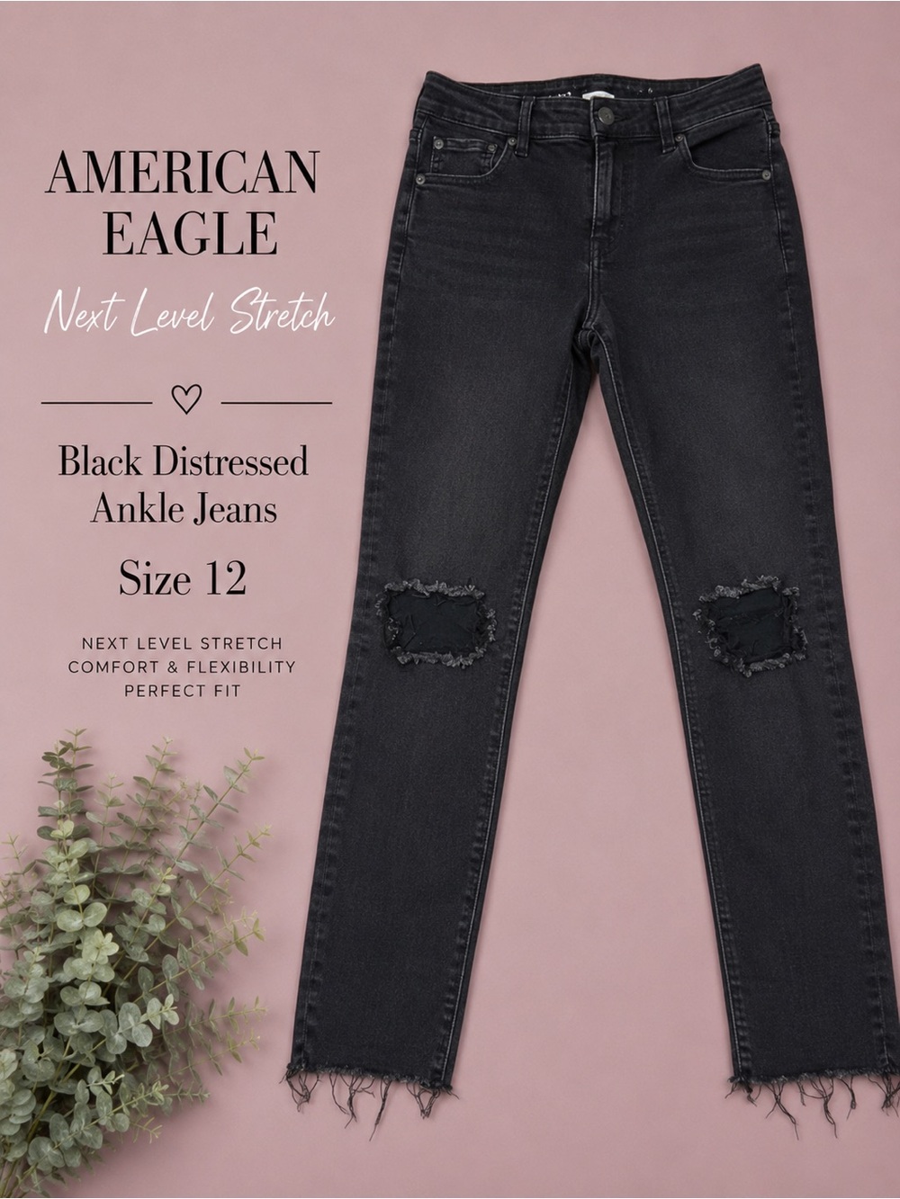 American Eagle Next Level Stretch Black Distressed Ankle Jeans – Women’s Size 12